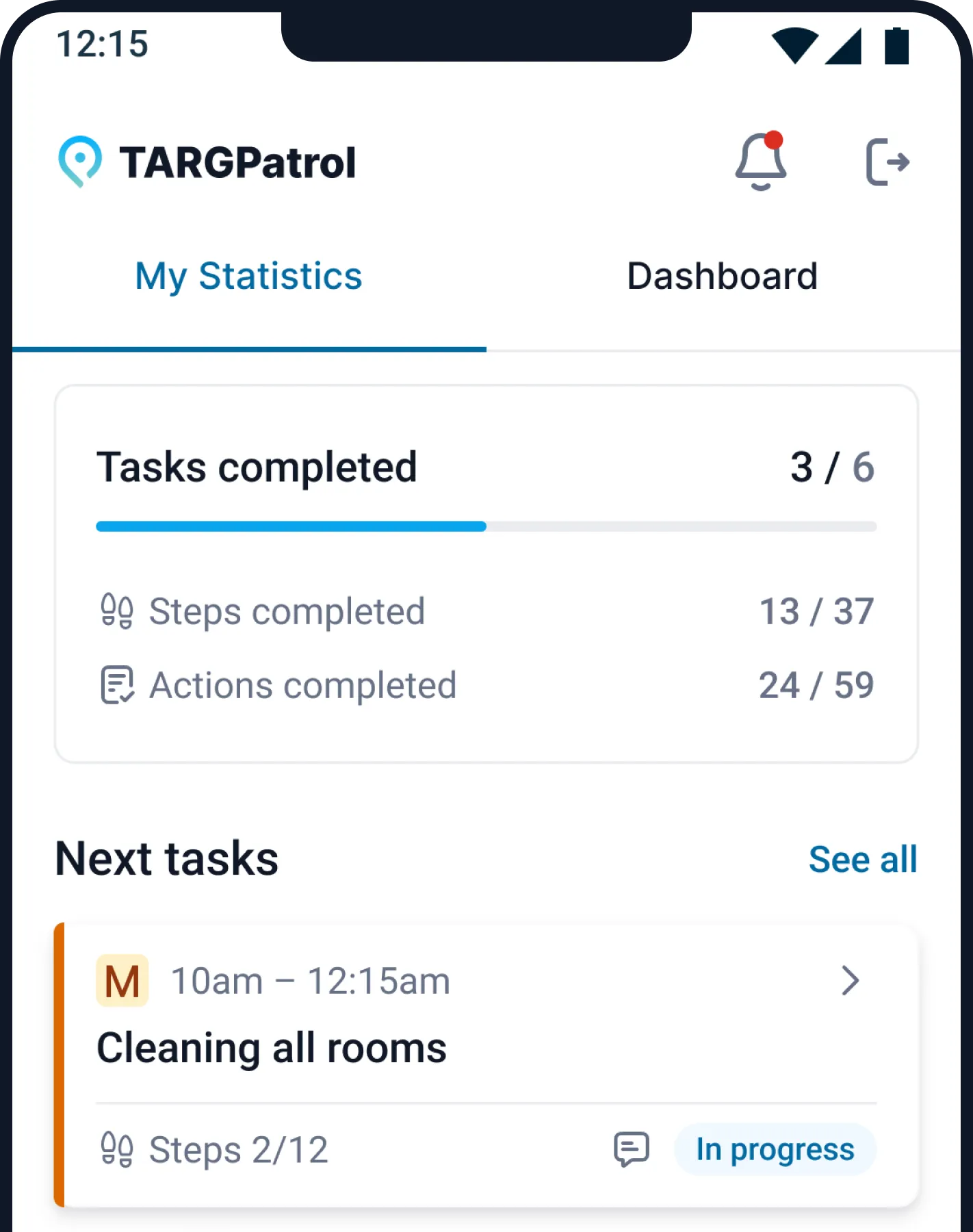 Мобильное приложение TARGPatrol с активной задачей для сотрудника на объекте