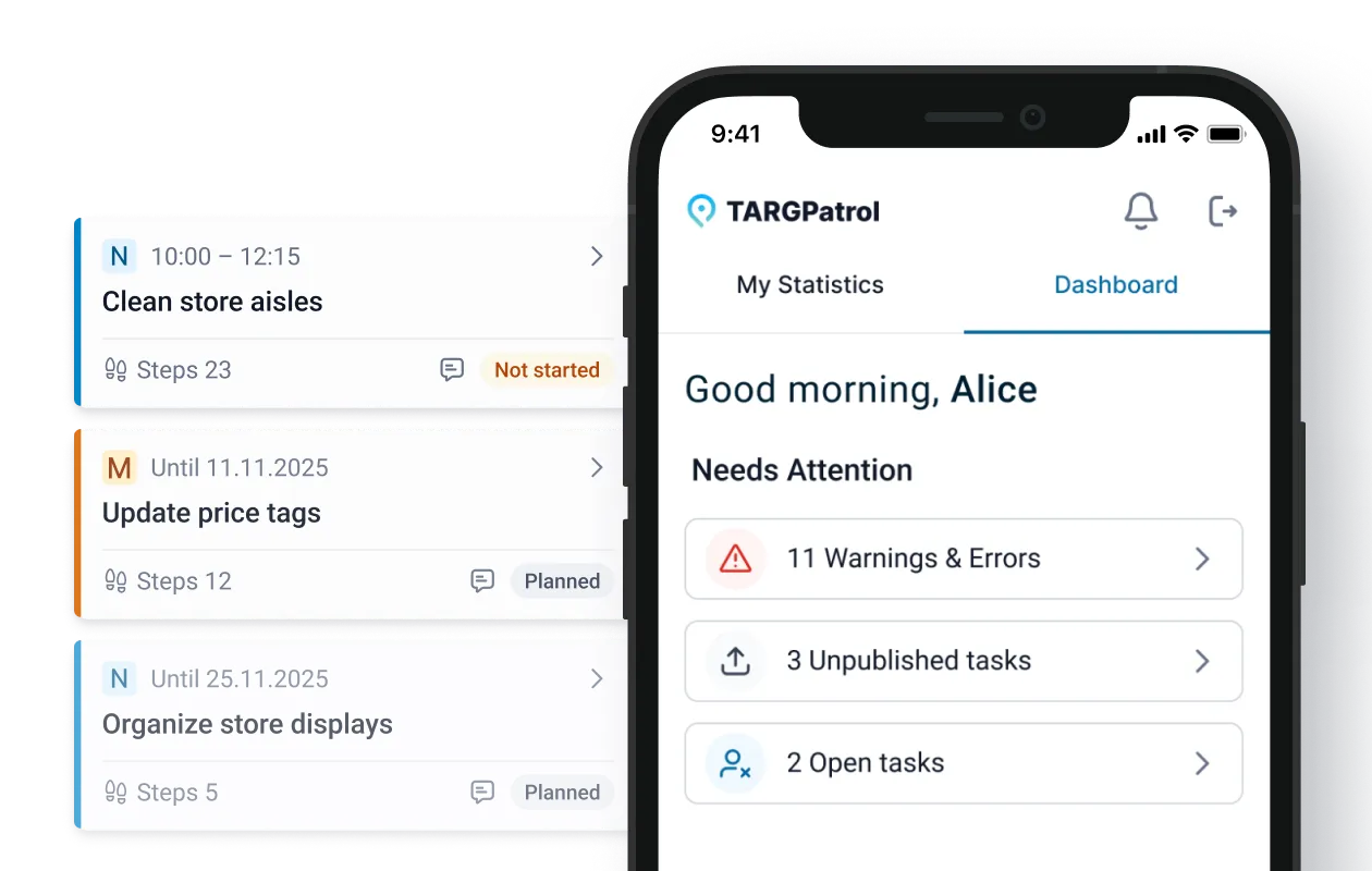 TARGPatrol mobile dashboard with restaurant tasks